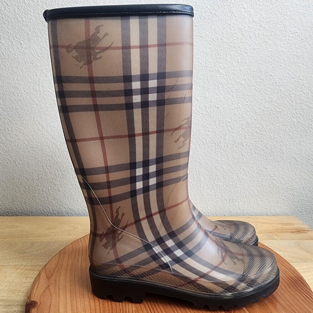 Burberry Rain Boots Youth Size 5 EU38 Beige Check Plaid Rubber Knee High